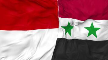 Indonesia y Siria banderas juntos sin costura bucle fondo, serpenteado paño ondulación lento movimiento, 3d representación video