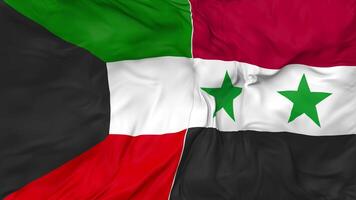 Kuwait y Siria banderas juntos sin costura bucle fondo, serpenteado paño ondulación lento movimiento, 3d representación video