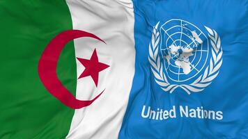 Algeria and United Nations, UN Flags Together Seamless Looping Background, Looped Bump Texture Cloth Waving Slow Motion, 3D Rendering video