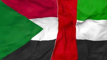 unido árabe emiratos y Sudán banderas juntos sin costura bucle fondo, serpenteado paño ondulación lento movimiento, 3d representación video
