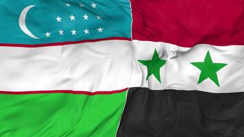 Uzbekistán y Siria banderas juntos sin costura bucle fondo, serpenteado paño ondulación lento movimiento, 3d representación video
