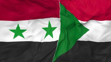 Sudan and Syria Flags Together Seamless Looping Background, Looped Cloth Waving Slow Motion, 3D Rendering video