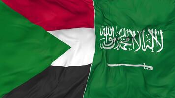 ksa, reino do saudita arábia e Sudão bandeiras juntos desatado looping fundo, em loop pano acenando lento movimento, 3d Renderização video