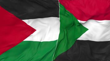 Palestina e Sudão bandeiras juntos desatado looping fundo, em loop pano acenando lento movimento, 3d Renderização video