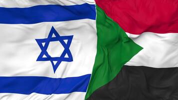 Israel y Sudán banderas juntos sin costura bucle fondo, serpenteado paño ondulación lento movimiento, 3d representación video