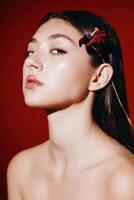 Beauty in the Studio. A Young, Attractive Caucasian Woman with a Pretty Brunette Hairstyle and Curly photo