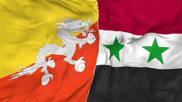 Bhutan and Syria Flags Together Seamless Looping Background, Looped Cloth Waving Slow Motion, 3D Rendering video