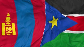 South Sudan and Mongolia Flags Together Seamless Looping Background, Looped Cloth Waving Slow Motion, 3D Rendering video