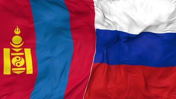 Russia and Mongolia Flags Together Seamless Looping Background, Looped Cloth Waving Slow Motion, 3D Rendering video