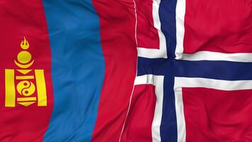 Norway and Mongolia Flags Together Seamless Looping Background, Looped Cloth Waving Slow Motion, 3D Rendering video