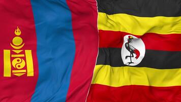 Uganda and Mongolia Flags Together Seamless Looping Background, Looped Cloth Waving Slow Motion, 3D Rendering video