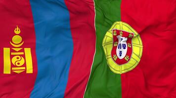 Portugal and Mongolia Flags Together Seamless Looping Background, Looped Cloth Waving Slow Motion, 3D Rendering video