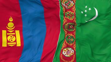 Turkmenistan and Mongolia Flags Together Seamless Looping Background, Looped Cloth Waving Slow Motion, 3D Rendering video