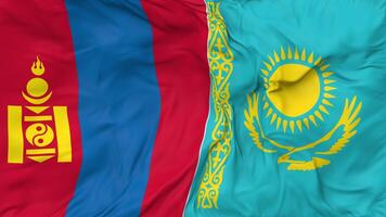 Kazakistan e Mongolia bandiere insieme senza soluzione di continuità looping sfondo, loop stoffa agitando lento movimento, 3d interpretazione video