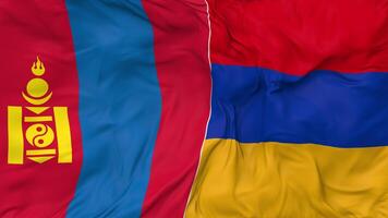 Armênia e Mongólia bandeiras juntos desatado looping fundo, em loop pano acenando lento movimento, 3d Renderização video
