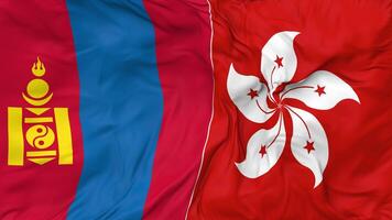 Hong Kong and Mongolia Flags Together Seamless Looping Background, Looped Cloth Waving Slow Motion, 3D Rendering video