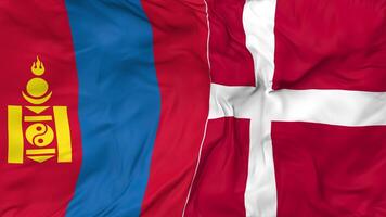 Denmark and Mongolia Flags Together Seamless Looping Background, Looped Cloth Waving Slow Motion, 3D Rendering video