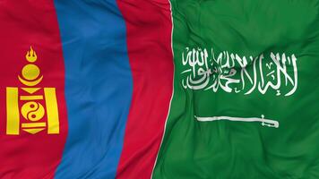 KSA, Kingdom of Saudi Arabia and Mongolia Flags Together Seamless Looping Background, Looped Cloth Waving Slow Motion, 3D Rendering video