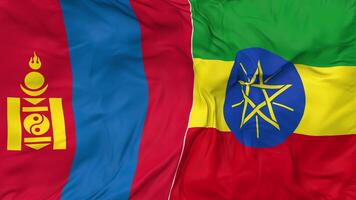 Ethiopië en Mongolië vlaggen samen naadloos looping achtergrond, lusvormige kleding golvend langzaam beweging, 3d renderen video
