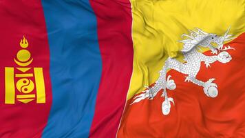 Bhutan and Mongolia Flags Together Seamless Looping Background, Looped Cloth Waving Slow Motion, 3D Rendering video