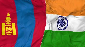 India and Mongolia Flags Together Seamless Looping Background, Looped Cloth Waving Slow Motion, 3D Rendering video