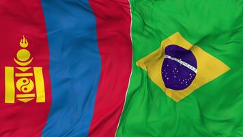 Brazil and Mongolia Flags Together Seamless Looping Background, Looped Cloth Waving Slow Motion, 3D Rendering video