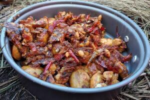 closeup of a bowl of chinese food in an outdoor setting photo