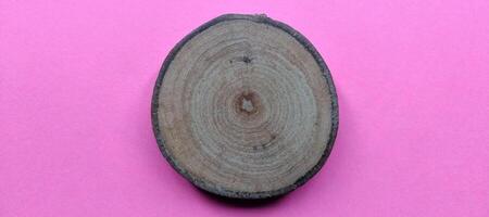 Wooden circle on pink background. Top view with copy space. photo