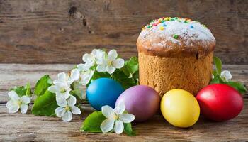 Easter egg panettone bread cake background Happy easter spring holiday tulip photo