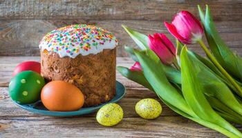 Easter egg panettone bread cake background Happy easter spring holiday tulip photo