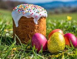 Easter egg panettone bread cake background Happy easter spring holiday tulip photo