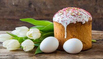 Easter egg panettone bread cake background Happy easter spring holiday tulip photo