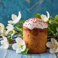 Easter egg panettone bread cake background Happy easter spring holiday tulip photo