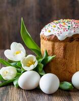 Easter egg panettone bread cake background Happy easter spring holiday tulip photo