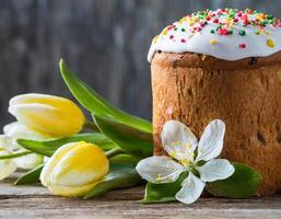 Easter egg panettone bread cake background Happy easter spring holiday tulip photo