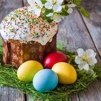 Easter egg panettone bread cake background Happy easter spring holiday tulip photo