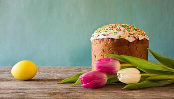 Easter egg panettone bread cake background Happy easter spring holiday tulip photo