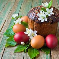 Easter egg panettone bread cake background Happy easter spring holiday tulip photo