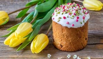 Easter egg panettone bread cake background Happy easter spring holiday tulip photo