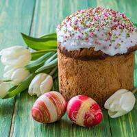 Easter egg panettone bread cake background Happy easter spring holiday tulip photo