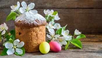 Easter egg panettone bread cake background Happy easter spring holiday tulip photo