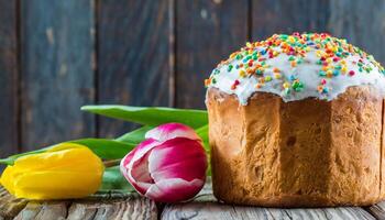 Easter egg panettone bread cake background Happy easter spring holiday tulip photo