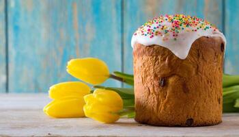 Easter egg panettone bread cake background Happy easter spring holiday tulip photo