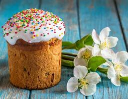 Easter egg panettone bread cake background Happy easter spring holiday tulip photo