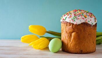 Easter egg panettone bread cake background Happy easter spring holiday tulip photo