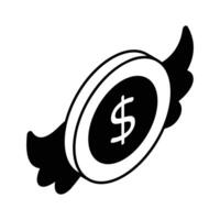 Dollar coin with wings showing concept icon of flying money in trendy style vector