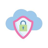 Padlock inside protection shield with cloud showing concept flat icon of cloud security vector