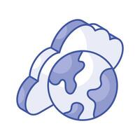 World globe with cloud, isometric icon of global cloud in trendy style vector