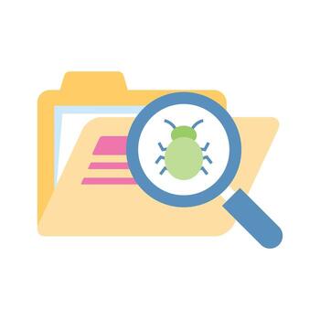 Bug under magnifier with data folder denoting icon of bug searching, virus scanning vector