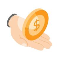 Hand holding dollar coin, savings icon in trendy style, premium vector design